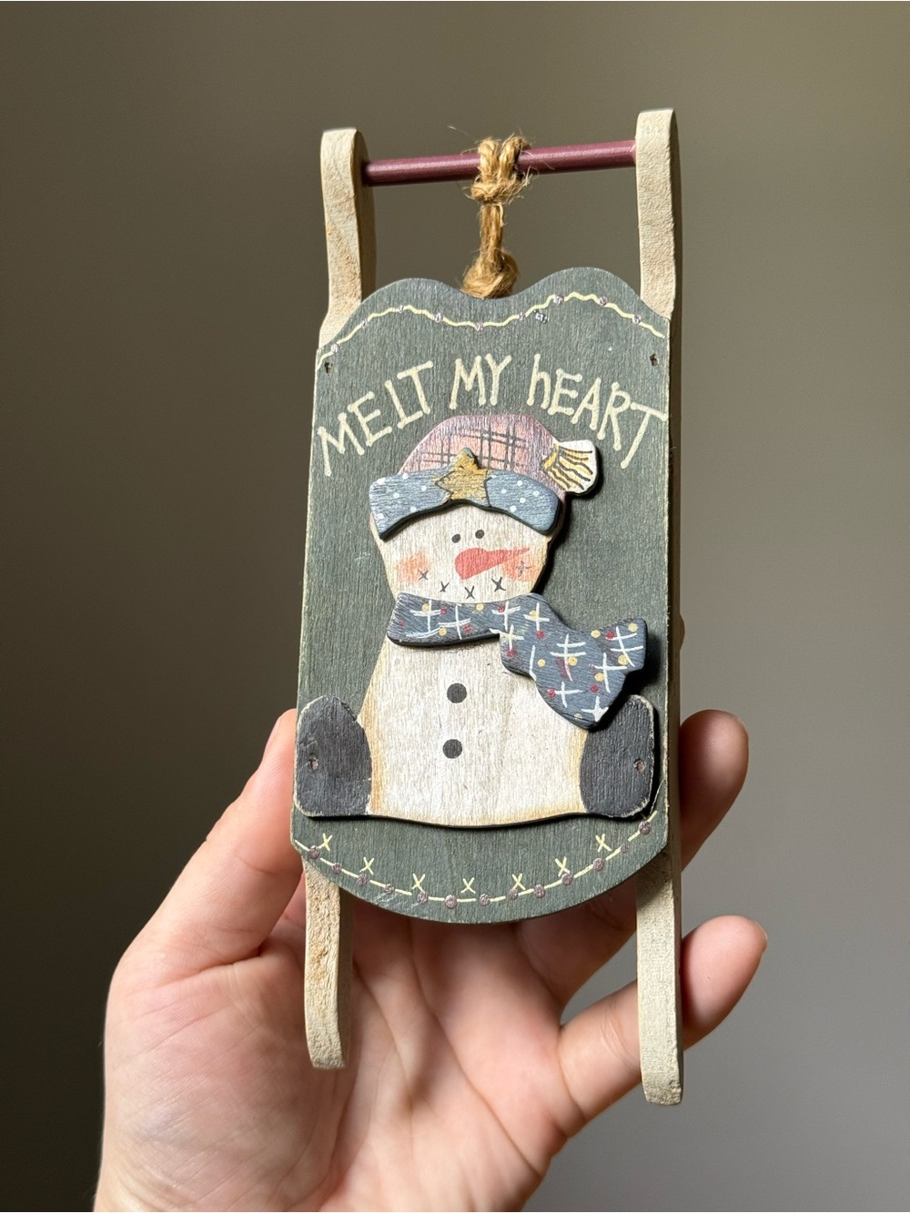 Wooden Vintage Melt My Heart Snowman Sled Christmas Tree Ornament